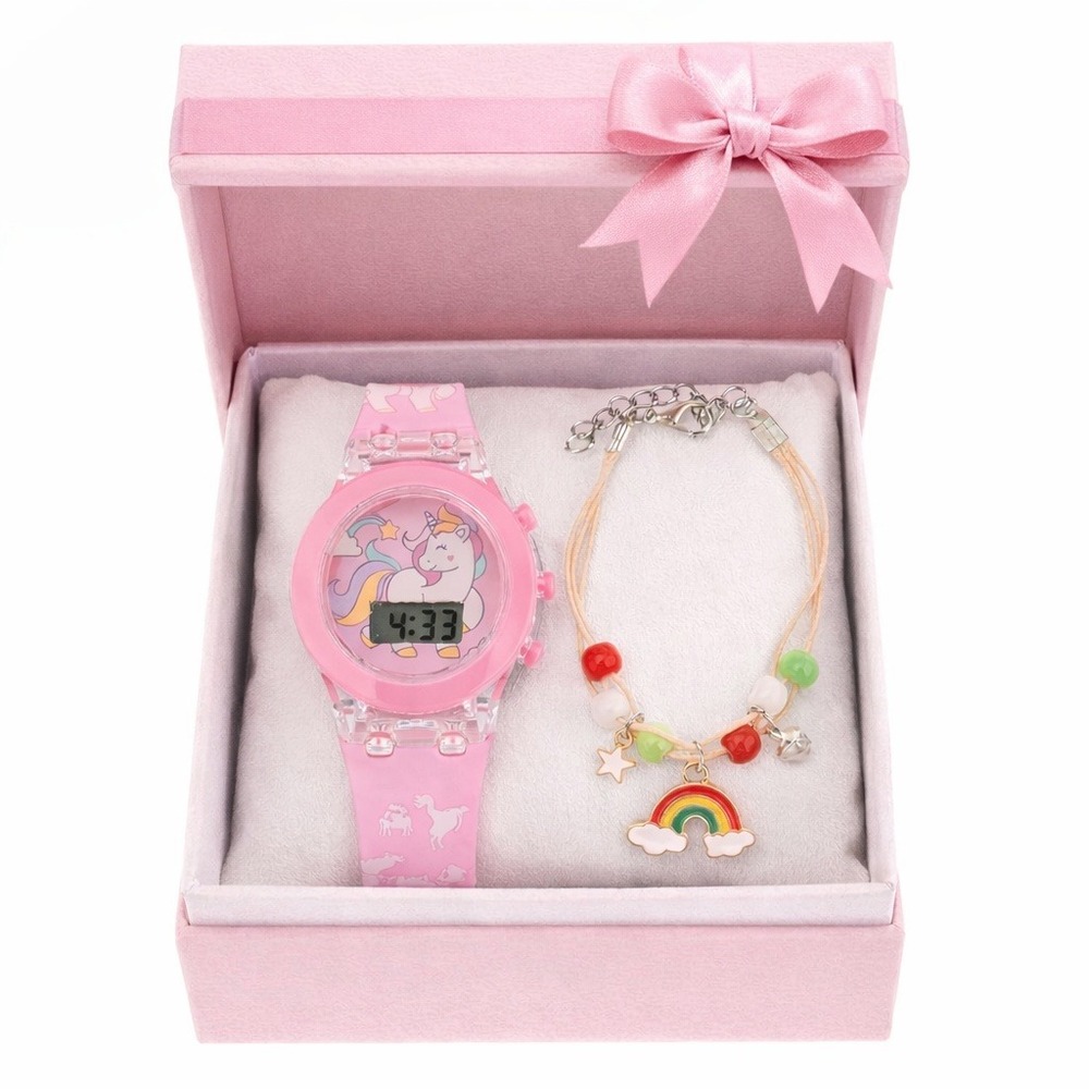 Watch Girls Unicorn  Pink 3D Glow Silicone Watch and‎ Rainbow Beads